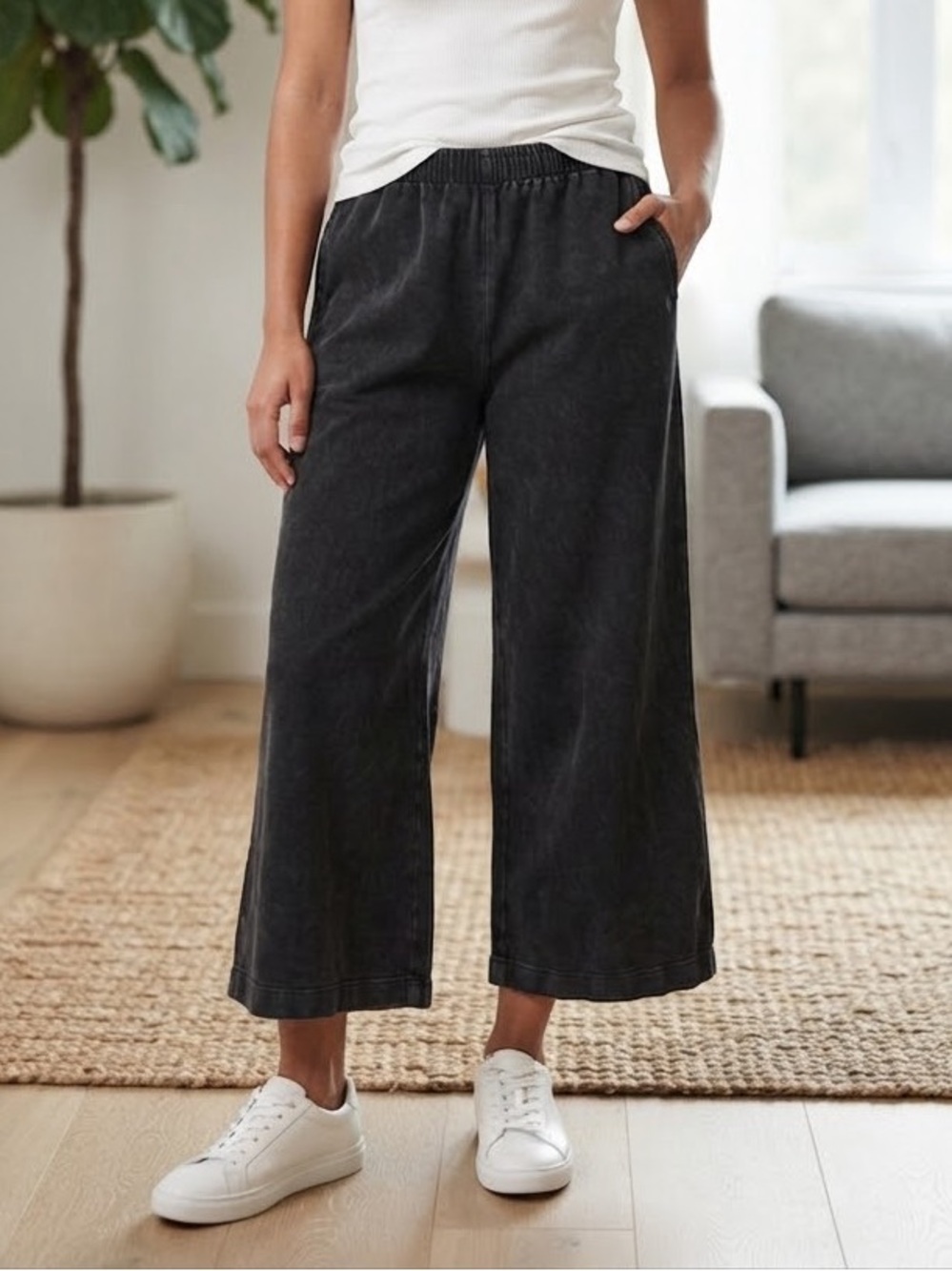 Z Supply Black 100% Cotton Wide Leg Pants Lounge Cozy Flowy Elastic Waist - Picture 1 of 8